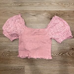 Pink lace peasant blouse with puff sleeves